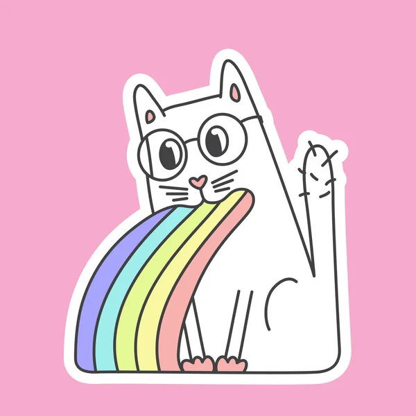 Bonito gato em óculos no estilo kawaii vomitar arco-íris — Vetor de Stock