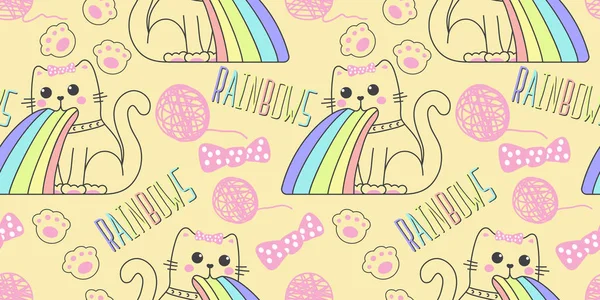 Patrón sin costuras con lindo gato en estilo kawaii vomitando arco iris — Archivo Imágenes Vectoriales