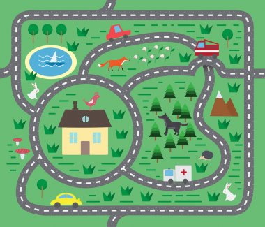 Çocuklar hayvanlar ve oyuncak araba ile playmat