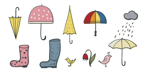 Regenschirme und Stiefel, Regen und Frühlingsvögel — Stockvektor
