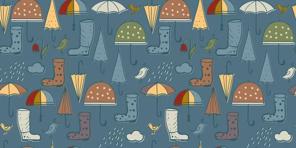 Fondo sin costuras de paraguas y botas, lluvia y aves de primavera — Vector de stock