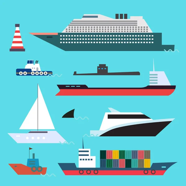 Flat style set of sea transport on blue water background.
