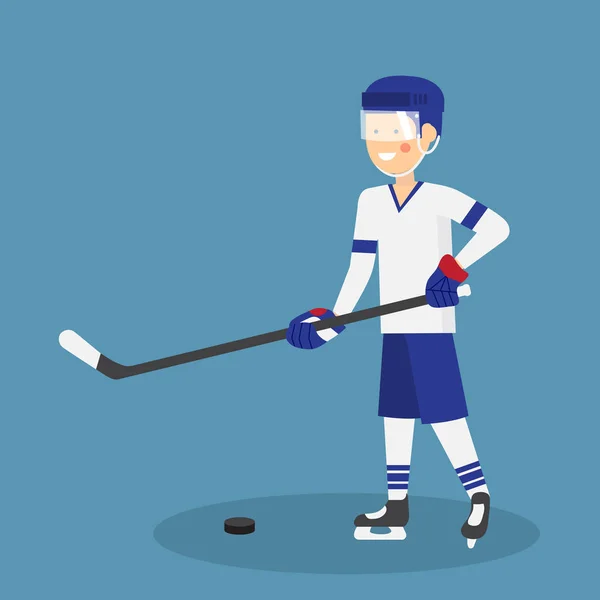 Lindo jugador de hockey sobre hielo con palo y disco listo para jugar — Archivo Imágenes Vectoriales