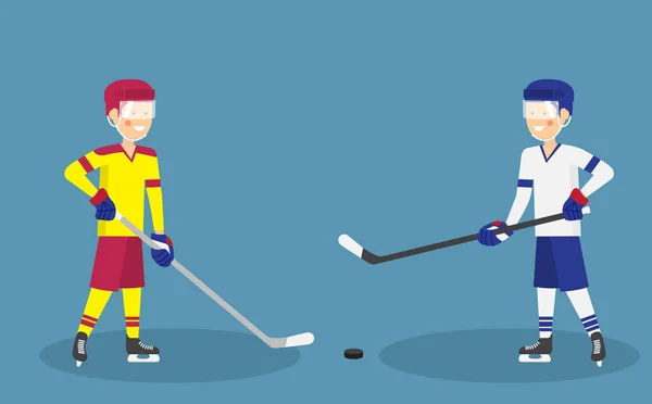 Dos lindos jugadores de hockey sobre hielo con palo y disco listo para la acción — Archivo Imágenes Vectoriales