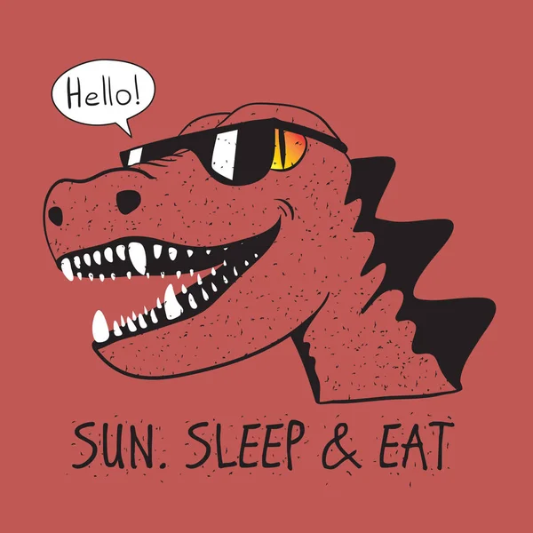 Sol dormir e comer slogan e dinossauro em óculos de sol com um sorriso — Vetor de Stock