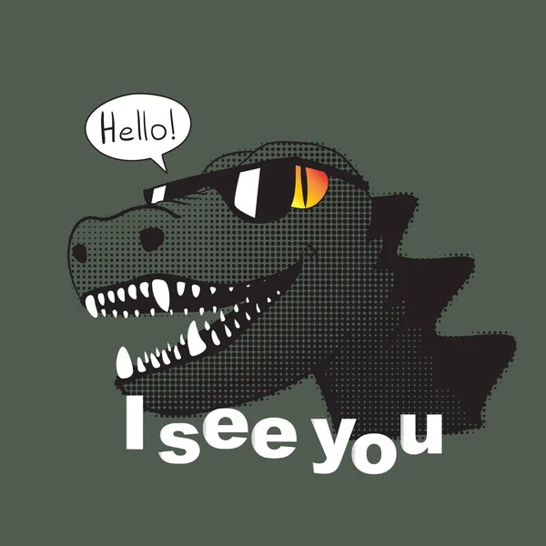 サングラスをかけたスローガンと恐竜が笑顔で挨拶をするのが見えます 漫画スタイルベクトルイラスト Tシャツ用のプリント — ストックベクタ