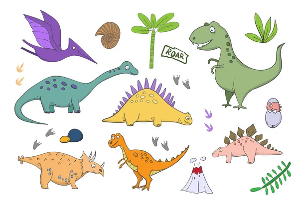 Grande Conjunto com dinossauros - ilustrações de dinossauros no estilo — Vetor de Stock