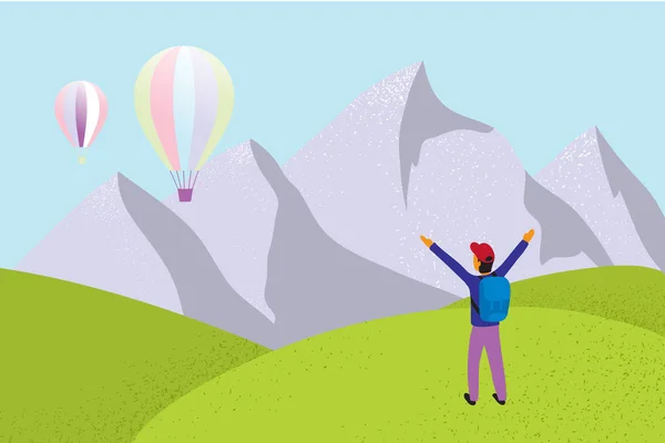 Adventure man med ryggsäck välkomnar ballonger på bakgrunden — Stock vektor
