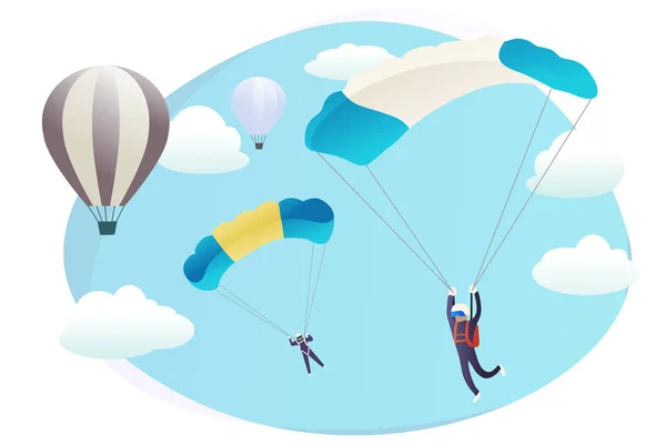 Tecknad fallskärmshoppare och flygande ballonger vektor bakgrund webbsida — Stock vektor