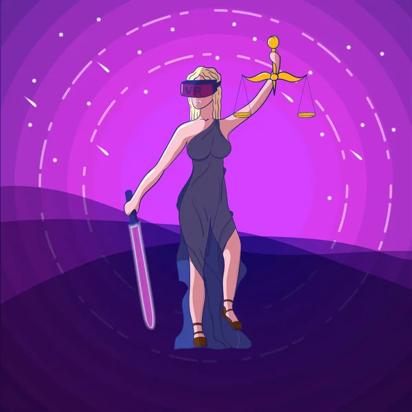 Sprawiedliwość Femida ze skalami, okulary wirtualnej rzeczywistości VR — Wektor stockowy