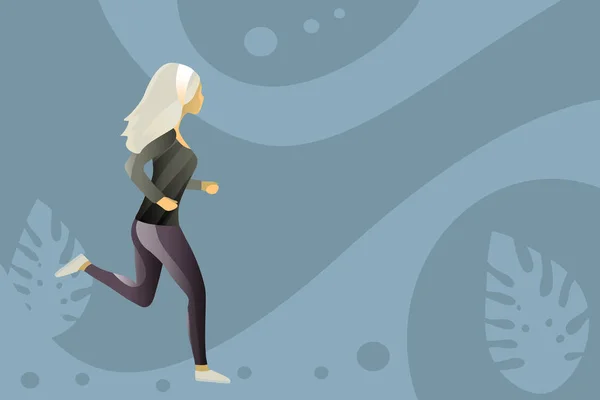 Mujer corriendo sobre fondo tropical con espacio de copia — Vector de stock