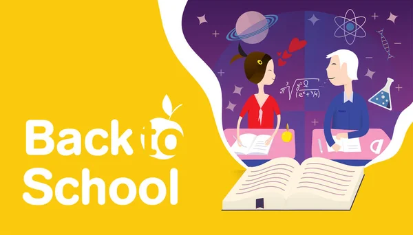 Livre de concept de retour à l'école des connaissances et des compétences et schoolbo — Image vectorielle