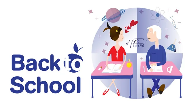 Back to school concept  schoolboy and schoolgirl look at each ot — Stock Vector