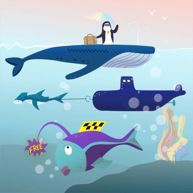 Bir balina yunus, bir köpekbalığı akvaryumu bir denizaltı, bir taksi balığı müşteri bekliyor. Çizgi film tarzı bir çizim.