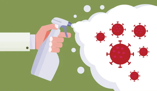 使用喷雾枪的医生的手喷洒抗病毒药物 感染Covid Coronavirus的风险 — 图库矢量图片