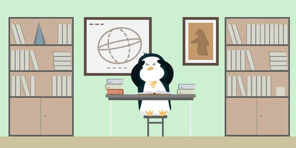 Penguin Kid Stress Facendo Compiti Prepararsi Esame Stile Cartone Animato — Vettoriale Stock