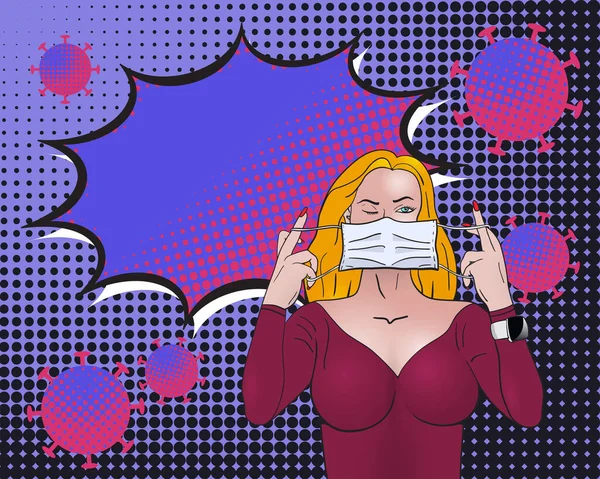 Pop Art Sexy Vrouw Zetten Medische Virus Bescherming Masker Voorkomen — Stockvector