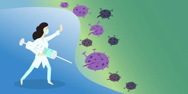 勇敢的医生 医生用病毒与即将到来的疾病作斗争 预防带有Covid 19病毒的大流行病的概念 — 图库矢量图片