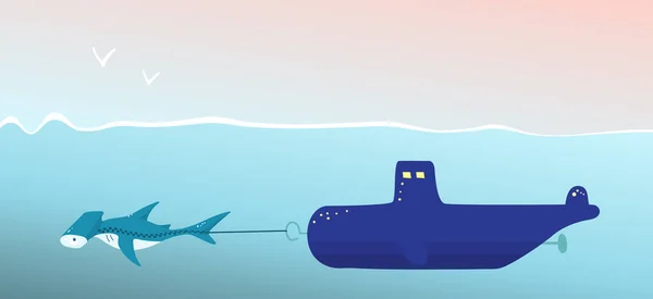 Taxi Tiburón Martillo Remolcado Por Submarino Ilustración Estilo Dibujos Animados — Vector de stock