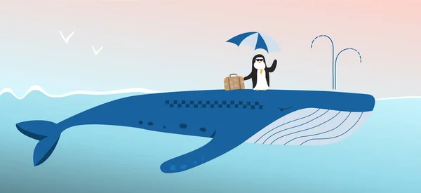 Viajero Pingüinos Monta Taxi Ballena Ilustración Estilo Dibujos Animados — Vector de stock