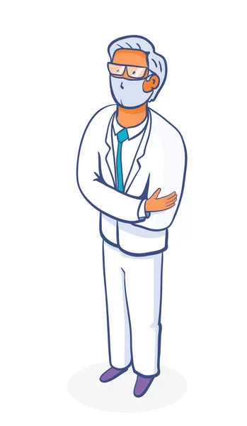 博士漫画人物 医疗保险模板 现代数字图解 医生肖像 年轻医学博士 戴面具 身穿白衣 打着领带 双手交叉站立的男人 — 图库矢量图片