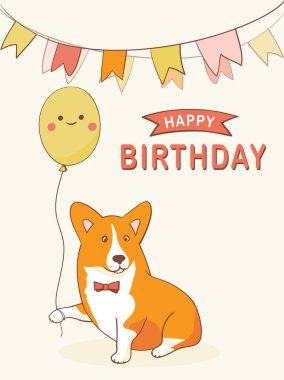 Güzel çizgi film karakteri Galli Corgi 'nin patisinde balon ve ipte bayraklar olan doğum günü tebrik kartı kutlu olsun. Çok sevimli bir ev kadını.