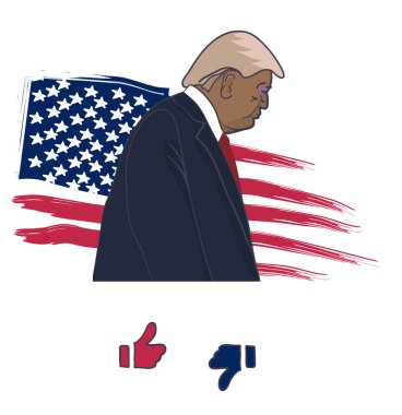 08 June 2020: Republican Presidential candidate Donald Trump - cartoon illustration of profile of the President on the background of the American flag - with thumb up and down clipart