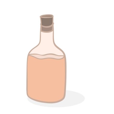 Mantar kapaklı bir şişe parfüm ve spa tedavisi için gül kokulu yağ. Beyaz arka planda Aromaterapi yağı. Çizgi film tarzında parfüm ve kaplıca malzemeleri