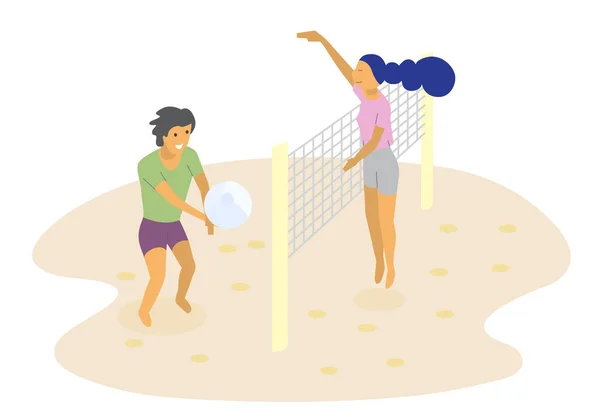 Homem Mulher Sorridentes Jogando Vôlei Praia Ensolarada Ilustração Plana Casal —  Vetores de Stock