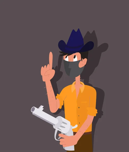 Cowboy Hat Revolver Mask His Face Stands His Forefinger Raised — Stock Vector
