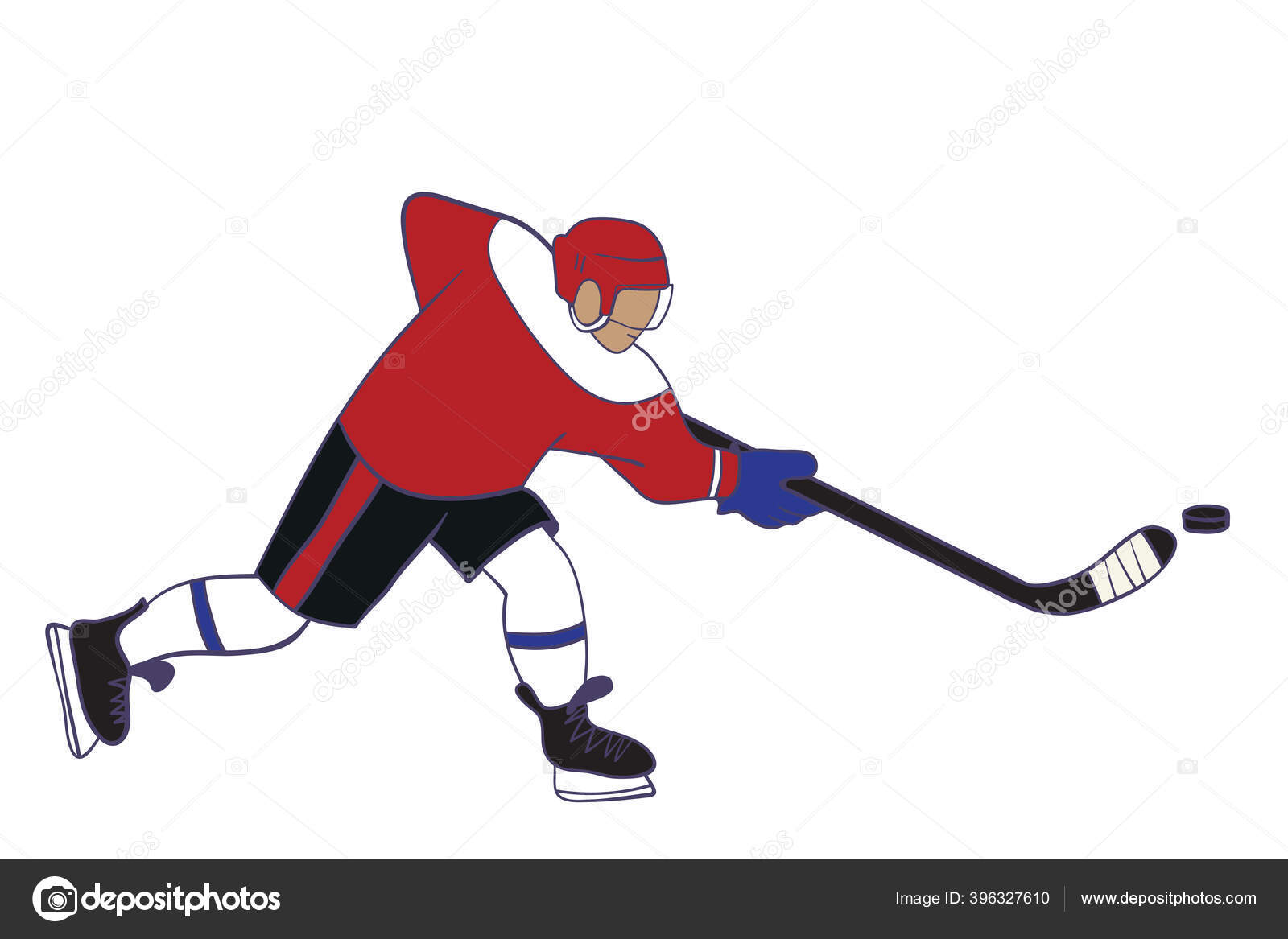 Ice Hockey Player Action Skating Kicking Puck Stick Vector Illustration