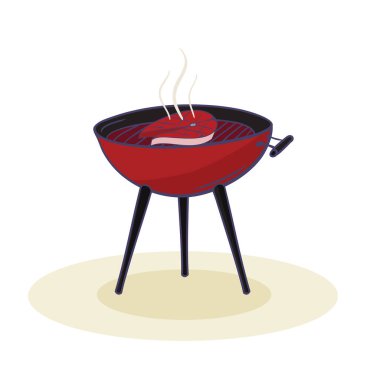 Çizgi film tarzında somon bifteği hazırlayan yuvarlak ızgara ızgara. bbq pişirmek için ekipman toplama - ızgara, kömür, beyaz üzerinde izole