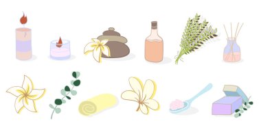 Aromaterapi ikonu seti. Parfüm ve Spa tedavileri - sabun, yağ, mum, tuz, orkide, okaliptüs, lavanta havlusu