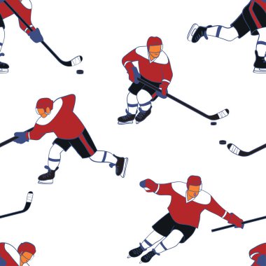 Buz hokeyi oyuncusu, buz pateni yapıyor ve diske sopayla vuruyor. Parmak izi almak için vektör arkaplanı kusursuz.