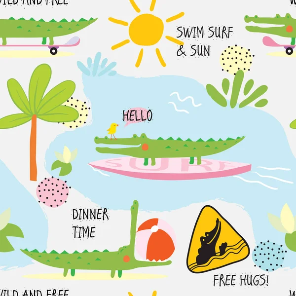 Seamless Pattern Funny Crocodiles Summer Mood Background Cartoon Style — Stock Vector