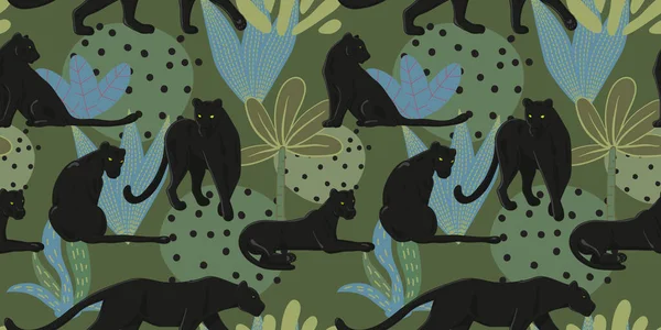 Fondo Pantalla Tropical Con Panteras Negras Selva Fondo Sin Costuras — Archivo Imágenes Vectoriales
