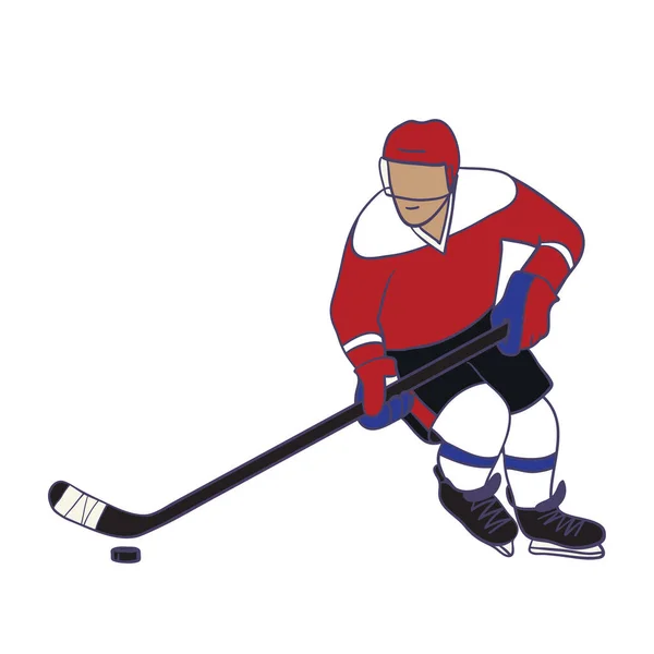 冰球选手在动作滑冰和踢冰球时 用棍子矢量图解与白色背景隔离 — 图库矢量图片
