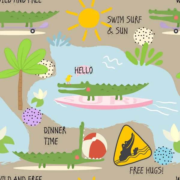 Seamless Pattern Funny Crocodiles Summer Mood Background Cartoon Style Stock Vector