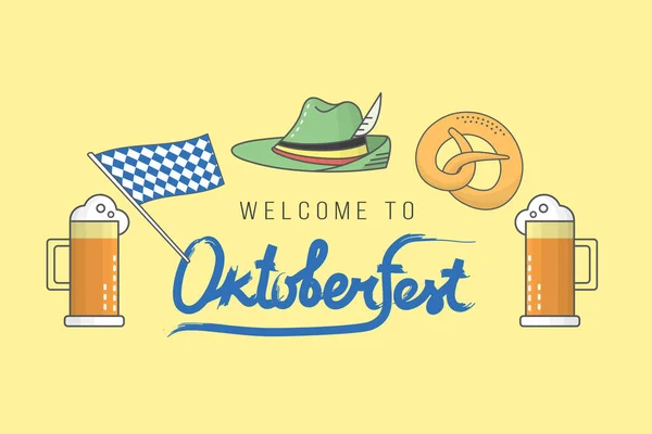 Set Icone Oktoberfest Iscrizione Logo Oktoberfest Boccale Birra Pretzel Salsiccia — Vettoriale Stock