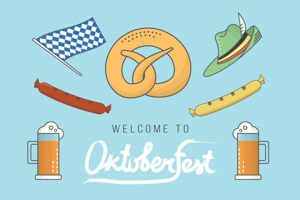 Zestaw Ikon Oktoberfest Logo Oktoberfest Kubek Piwny Precel Kiełbasa Kapelusz — Wektor stockowy