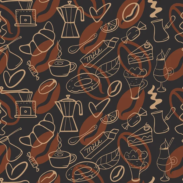 kahve arkaplanı - kahve temalı öğelerin deseni - fasulye, kahve makinesi, kahve öğütücüsü, tatlılar, sütsüz arka plan