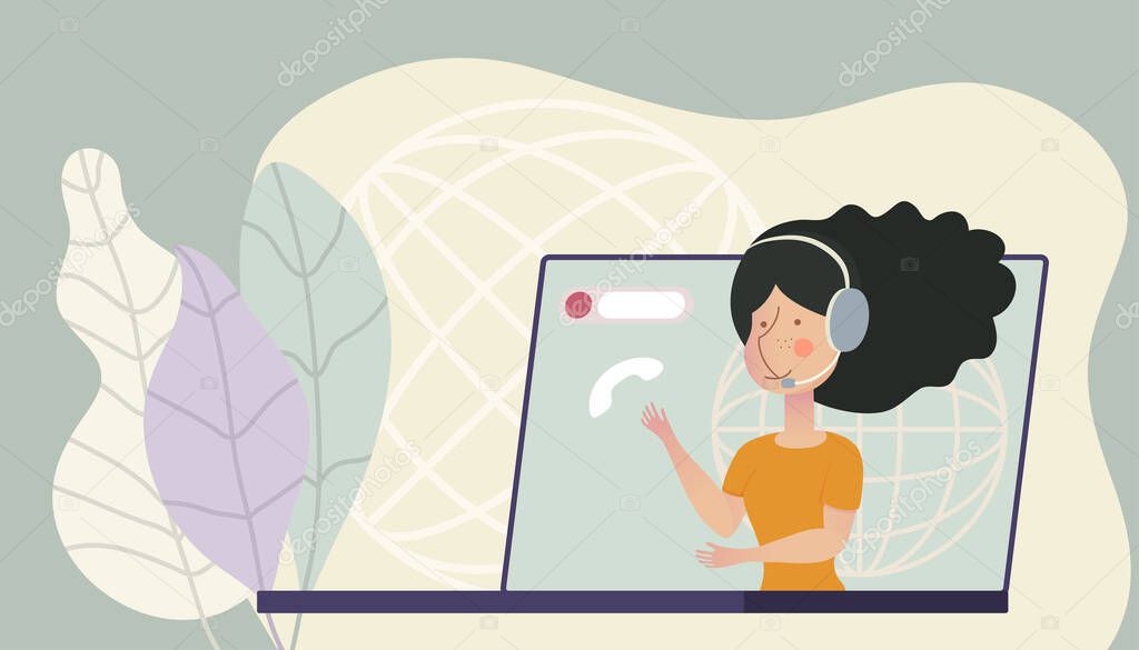 Customer support service. Professional helps client. Telemarketing communications vector landing page. Illustration of professional women operator, communication, call center help