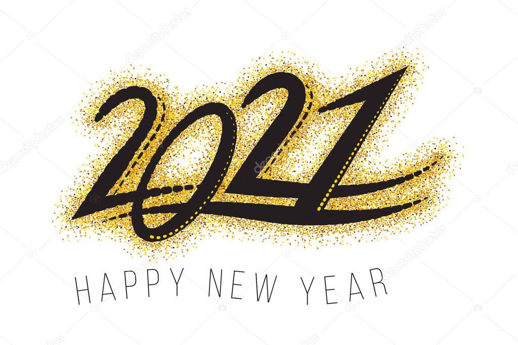 2021 New Year Logo text design. 2021 number design. Text golden with bright sparkles