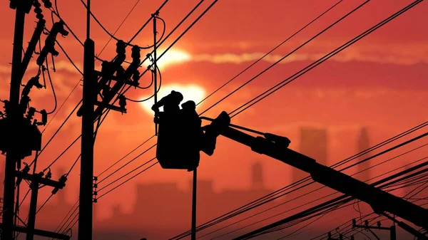 Silhouette two electricians with disconnect stick tool on crane truck are working to install electrical transmission on power pole with blurred colorful sunrise sky background in technology concept