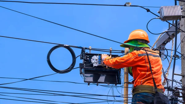 Ahşap merdivendeki teknisyenin arka görüntüsü mavi gökyüzü arka planına karşı fiber optik ve kırıcı kutular kurmaya çalışıyor