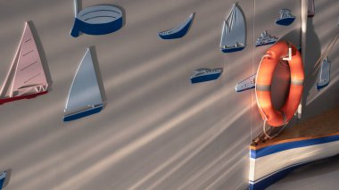 Yan görünüş ve seçici odak noktası turuncu can simidi ve güneş ışığı ve gölge çizgileri olan ahşap tekne oturma odasının arka planında gri duvar dekorasyonu. 