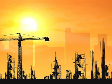 Siluet inşaat işçileri grubu vinçle inşaat alanında takviye kuvvetler oluşturmaya çalışıyor. Binalar gölgeli ve bulanık gün doğumu gökyüzü arka planı, illüstrasyon modu