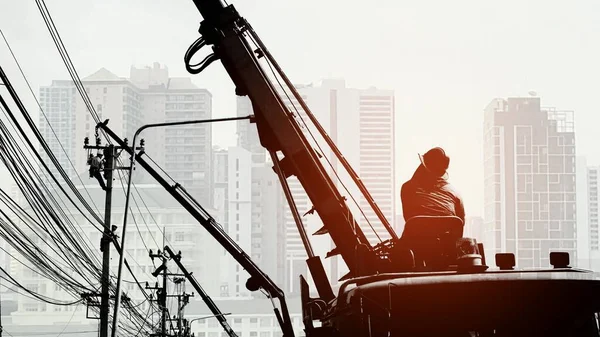 Collage Silhouette Electricians Team Crane Trucks Working Install Electrical System — Stock Photo, Image