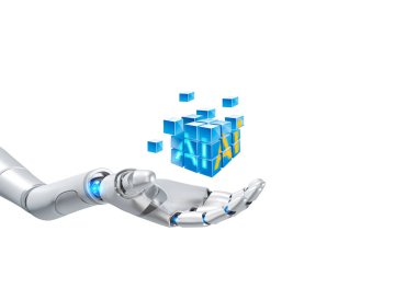 Robot el, küp şeklinde birleştirilmiş pek çok küçük küp bloğu tutuyor. Beyaz arka planda izole edilmiş yapay zeka sembolü ile kırpma yolu, 3 boyutlu resimleme