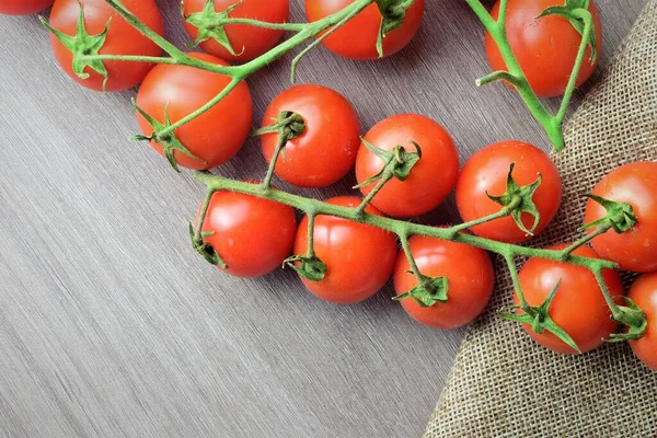 Pequeno Jardim Cherrys Tomates Ramo Mesa Madeira Pano Rústico Espaço — Fotografia de Stock